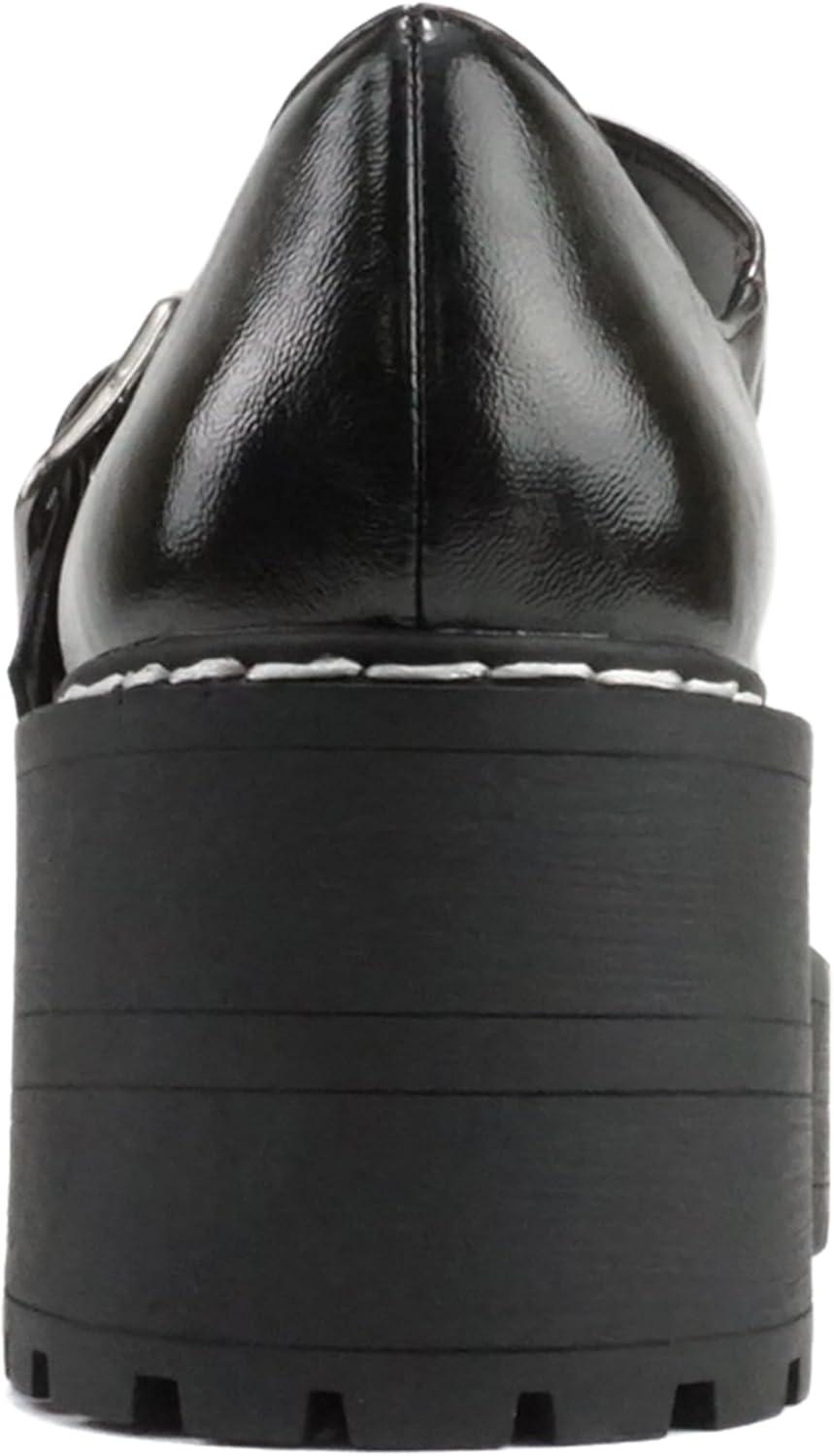 imageSoda LOAF  Women Round Toe Lug Sole Low Platform Heel Mary Jane Pump Shoe with Adjustable Ankle StrapBlack Metallic Pu