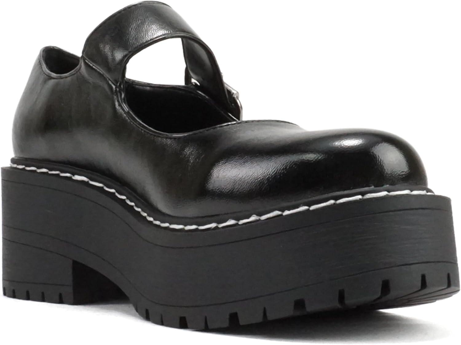 imageSoda LOAF  Women Round Toe Lug Sole Low Platform Heel Mary Jane Pump Shoe with Adjustable Ankle StrapBlack Metallic Pu