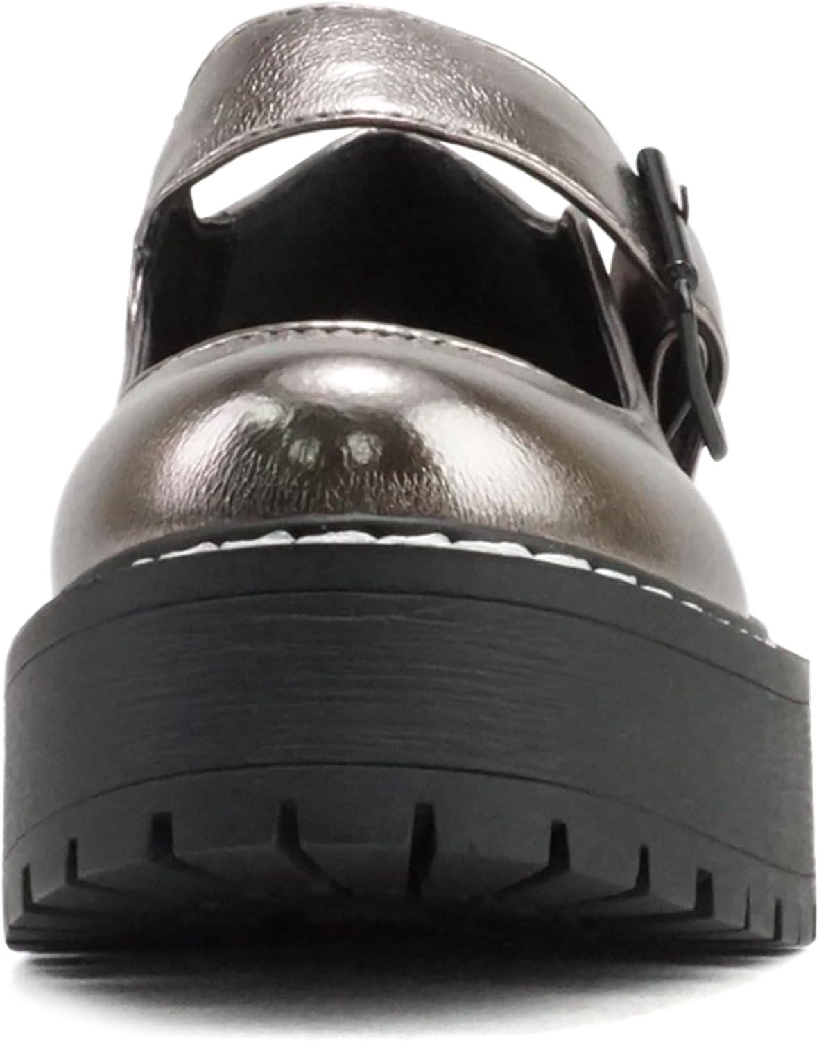 imageSoda LOAF  Women Round Toe Lug Sole Low Platform Heel Mary Jane Pump Shoe with Adjustable Ankle StrapGunmetal Metallic Pu