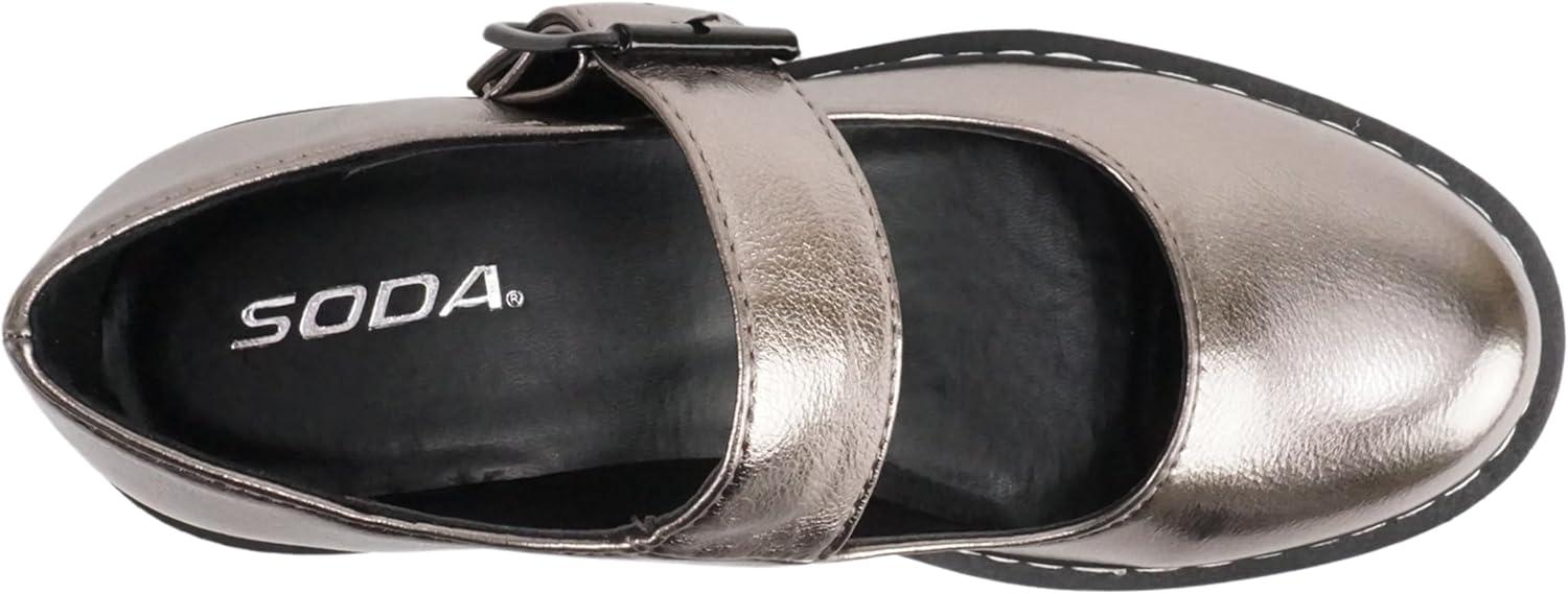 imageSoda LOAF  Women Round Toe Lug Sole Low Platform Heel Mary Jane Pump Shoe with Adjustable Ankle StrapGunmetal Metallic Pu