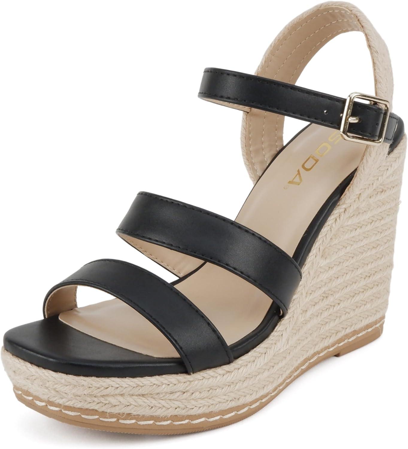 imageSoda Lavina  Women Open Square Toe Multi Band High Heel Espadrille Wedge Sandal with Adjustable Ankle StrapBlack Pu