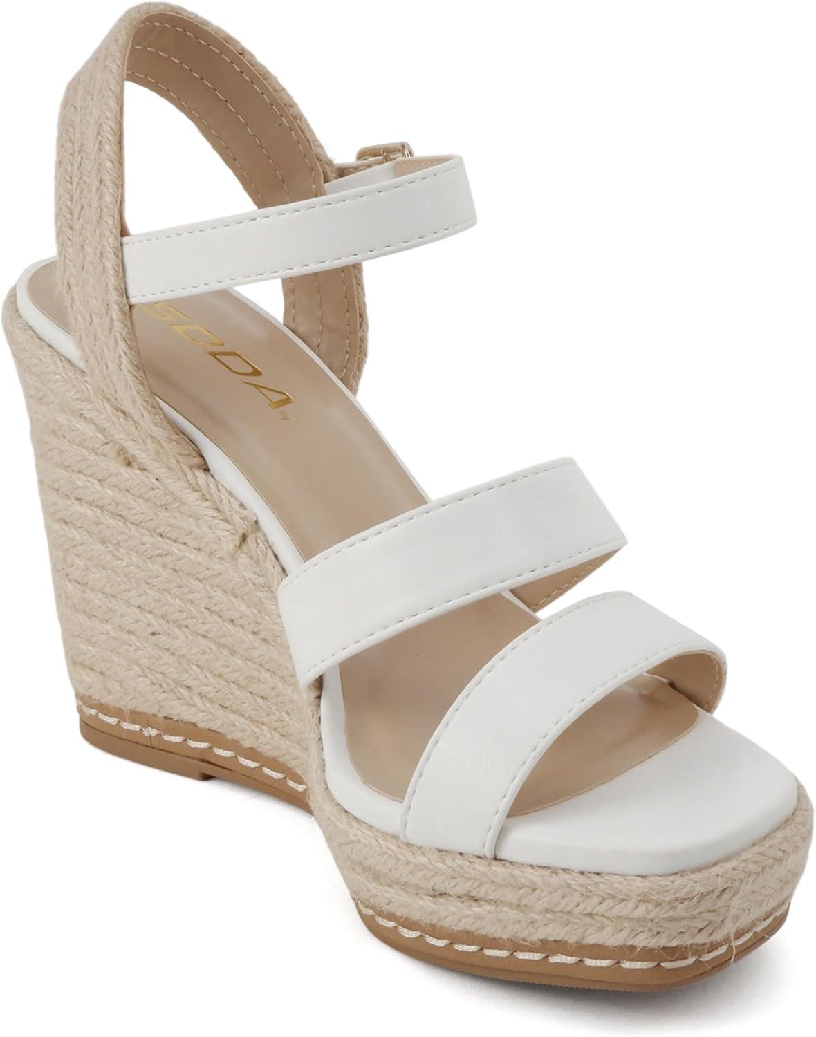 imageSoda Lavina  Women Open Square Toe Multi Band High Heel Espadrille Wedge Sandal with Adjustable Ankle StrapWhite Pu