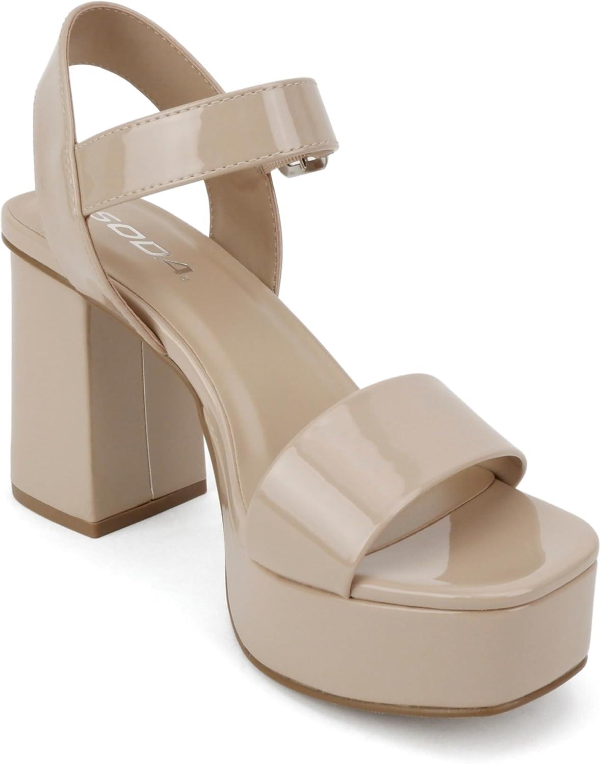 imageSoda MACEY  Women Open Square Toe Single Band High Heel Platform Dress Sandal with Adjustable Ankle StrapBeige Patent
