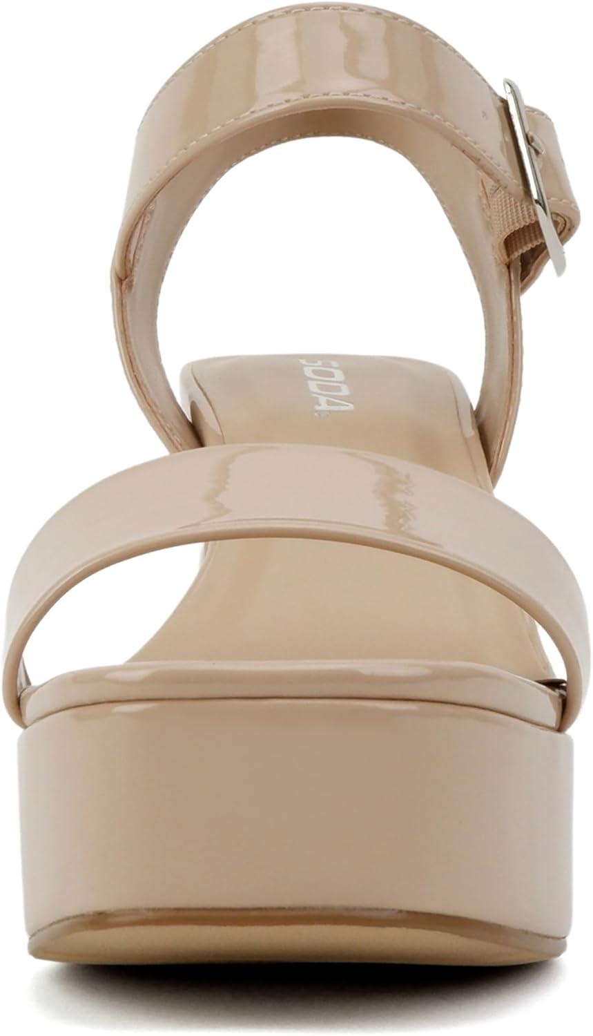 imageSoda MACEY  Women Open Square Toe Single Band High Heel Platform Dress Sandal with Adjustable Ankle StrapBeige Patent