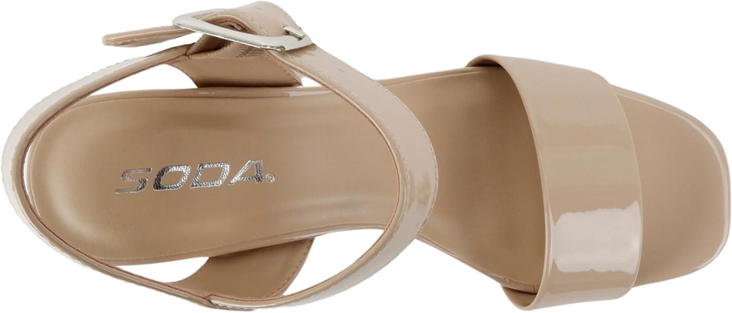 imageSoda MACEY  Women Open Square Toe Single Band High Heel Platform Dress Sandal with Adjustable Ankle StrapBeige Patent