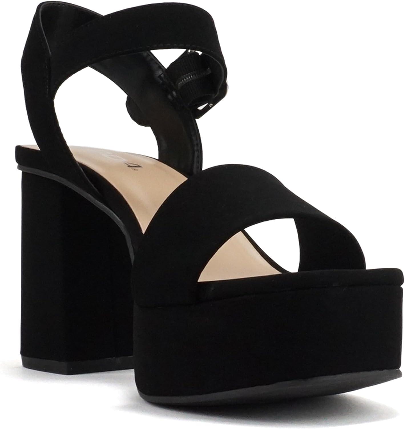 imageSoda MACEY  Women Open Square Toe Single Band High Heel Platform Dress Sandal with Adjustable Ankle StrapBlack Nubuck
