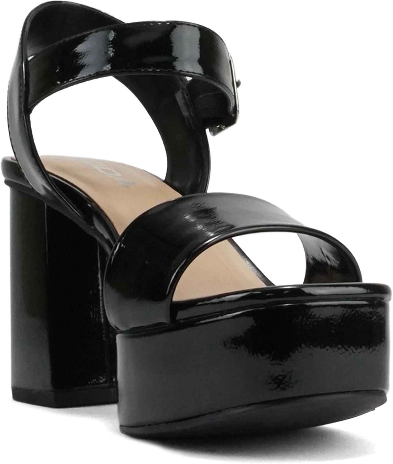 imageSoda MACEY  Women Open Square Toe Single Band High Heel Platform Dress Sandal with Adjustable Ankle StrapBlack Patent