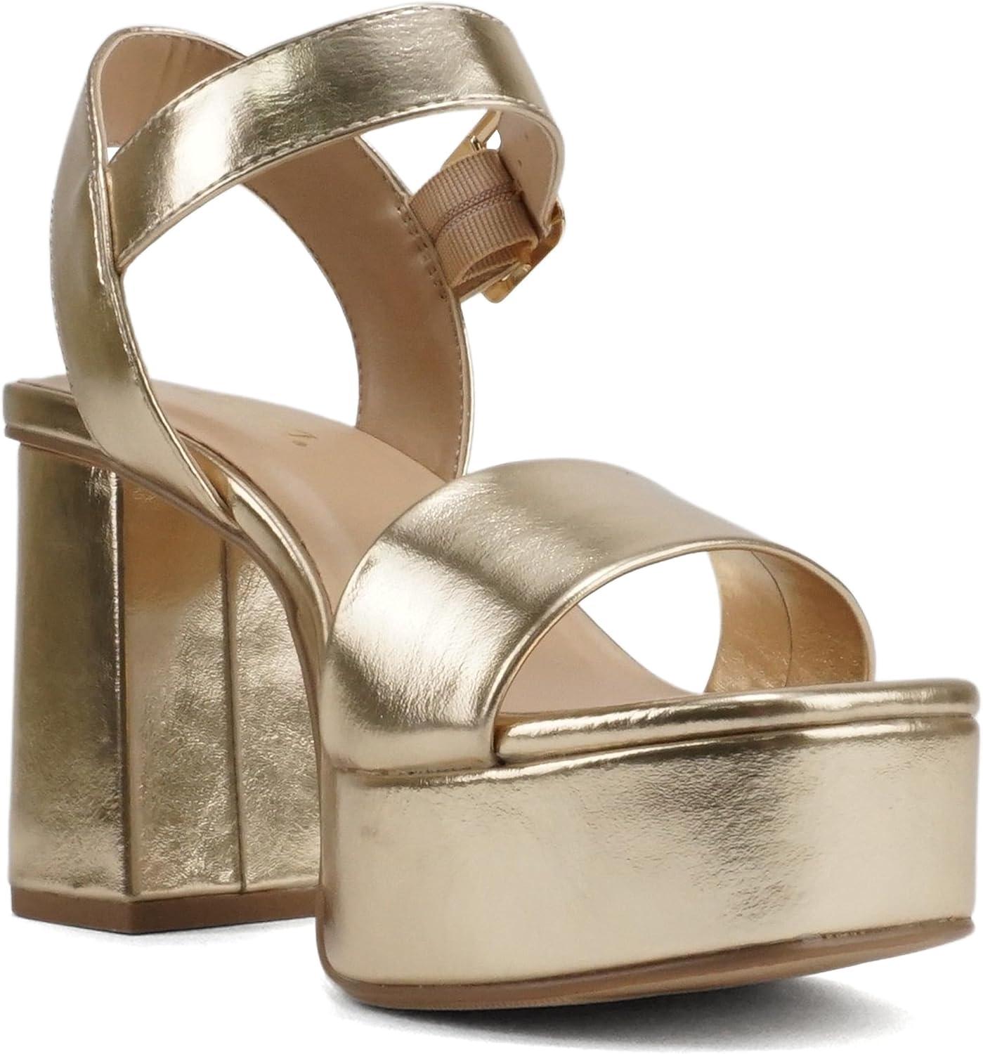 imageSoda MACEY  Women Open Square Toe Single Band High Heel Platform Dress Sandal with Adjustable Ankle StrapGold Metallic Pu