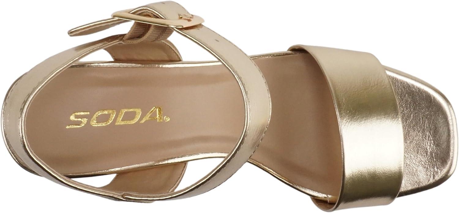 imageSoda MACEY  Women Open Square Toe Single Band High Heel Platform Dress Sandal with Adjustable Ankle StrapGold Metallic Pu
