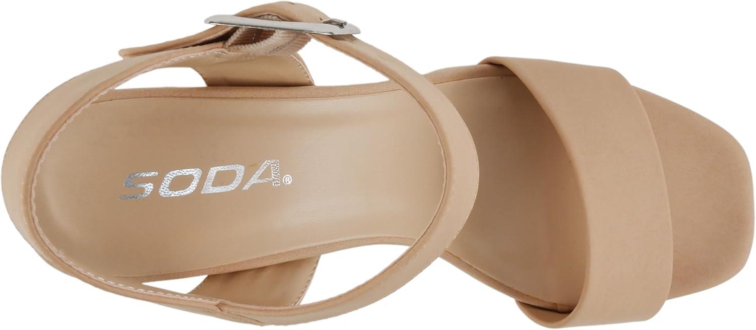 imageSoda MACEY  Women Open Square Toe Single Band High Heel Platform Dress Sandal with Adjustable Ankle StrapNude Nubuck