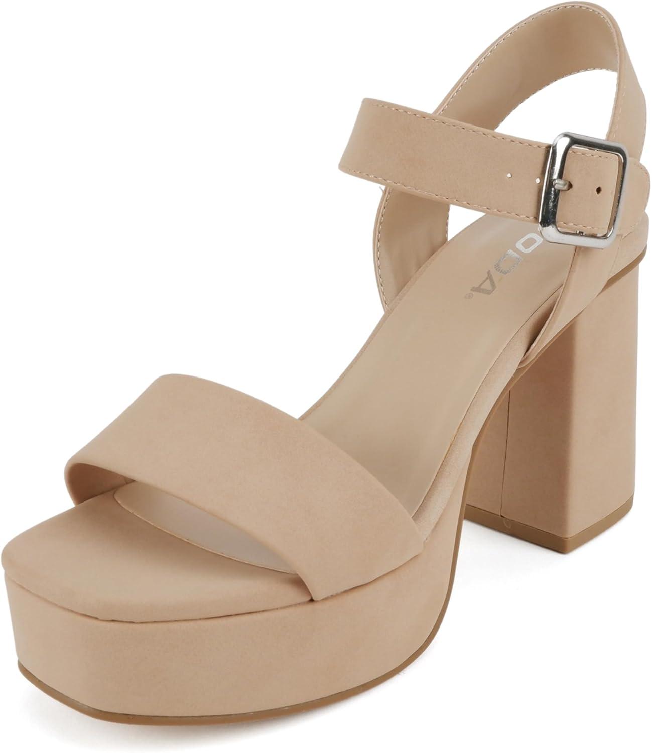 imageSoda MACEY  Women Open Square Toe Single Band High Heel Platform Dress Sandal with Adjustable Ankle StrapNude Nubuck