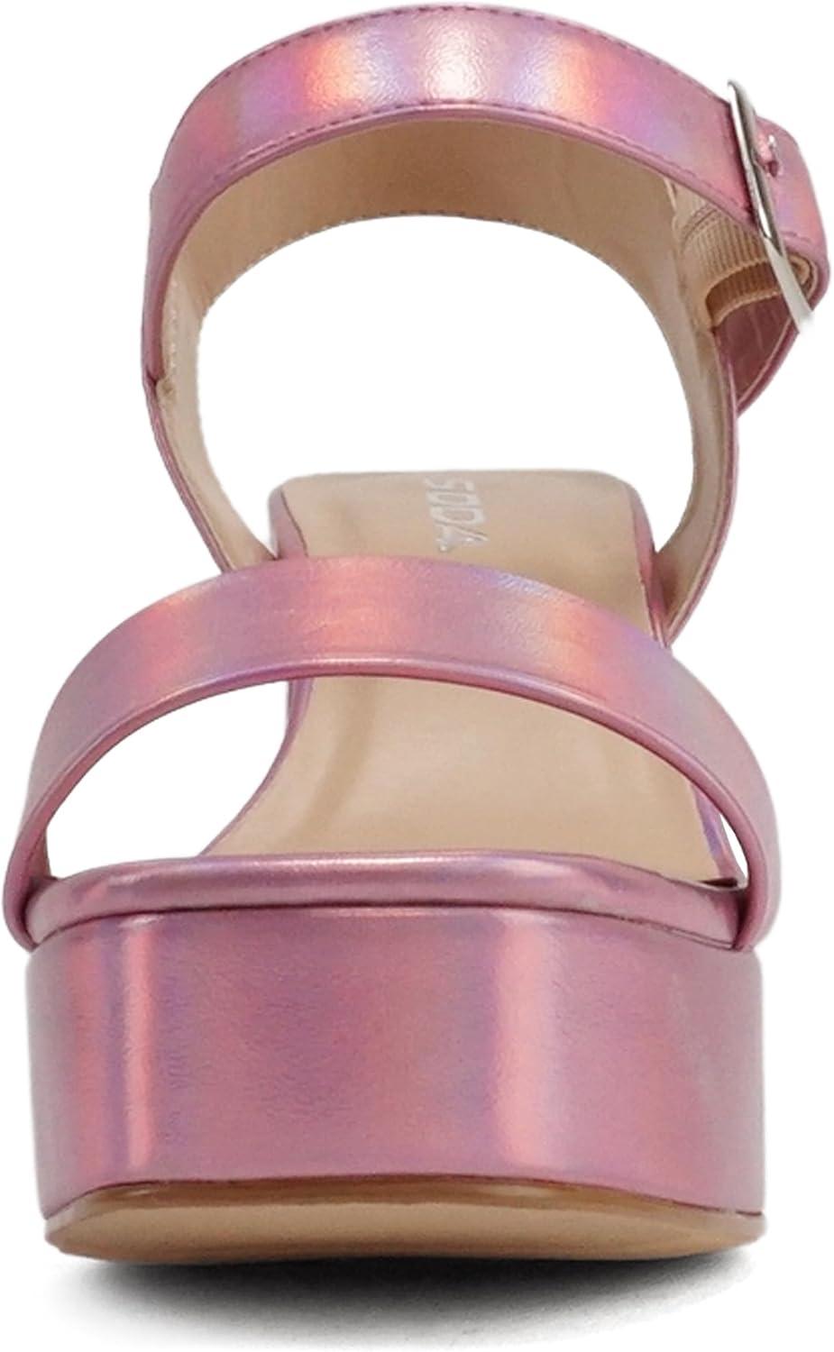 imageSoda MACEY  Women Open Square Toe Single Band High Heel Platform Dress Sandal with Adjustable Ankle StrapPink Metallic Pu