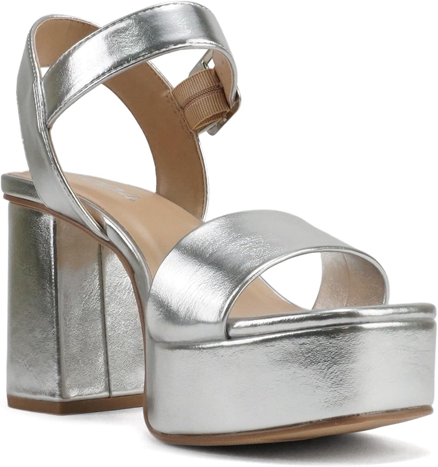 imageSoda MACEY  Women Open Square Toe Single Band High Heel Platform Dress Sandal with Adjustable Ankle StrapSilver Metallic Pu