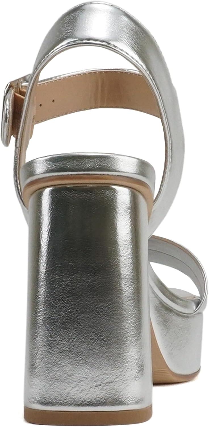 imageSoda MACEY  Women Open Square Toe Single Band High Heel Platform Dress Sandal with Adjustable Ankle StrapSilver Metallic Pu