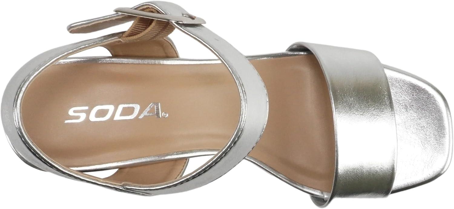imageSoda MACEY  Women Open Square Toe Single Band High Heel Platform Dress Sandal with Adjustable Ankle StrapSilver Metallic Pu