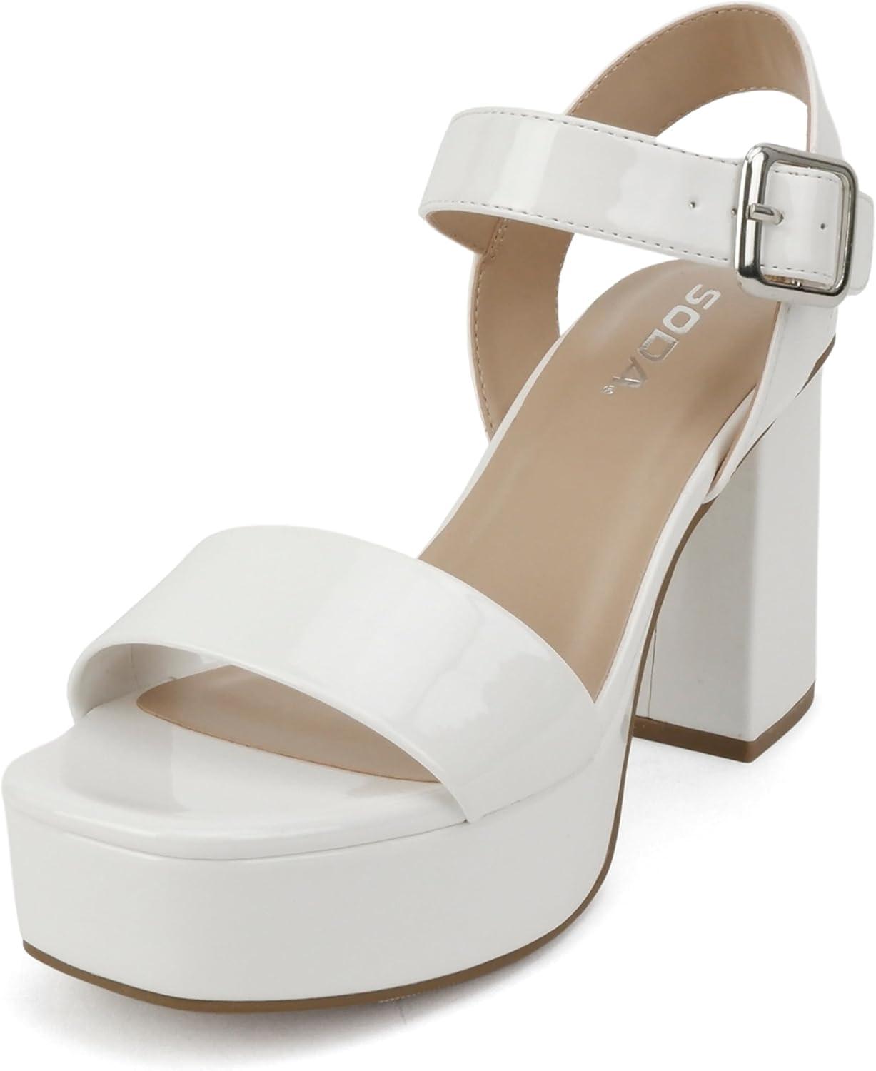 imageSoda MACEY  Women Open Square Toe Single Band High Heel Platform Dress Sandal with Adjustable Ankle StrapWhite Patent