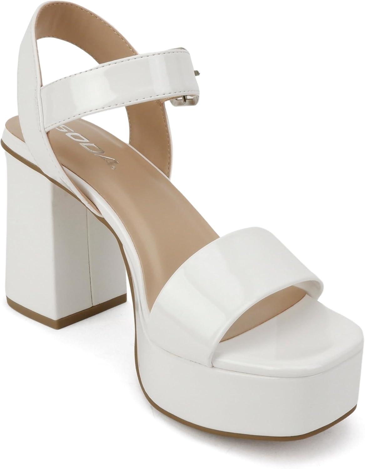 imageSoda MACEY  Women Open Square Toe Single Band High Heel Platform Dress Sandal with Adjustable Ankle StrapWhite Patent
