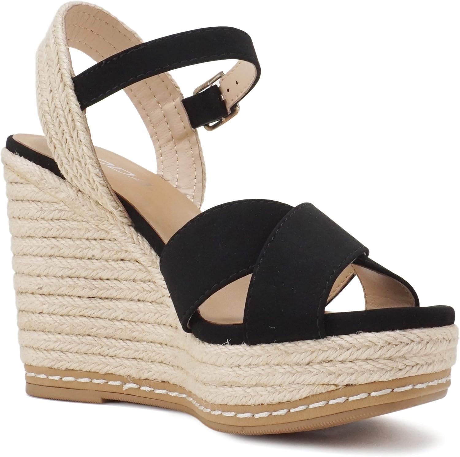 imageSoda MELANY  Women Open Toe Crisscross Two Bands Upper Ankle Strap High Heel Espadrille Wedge SandalBlack Nubuck