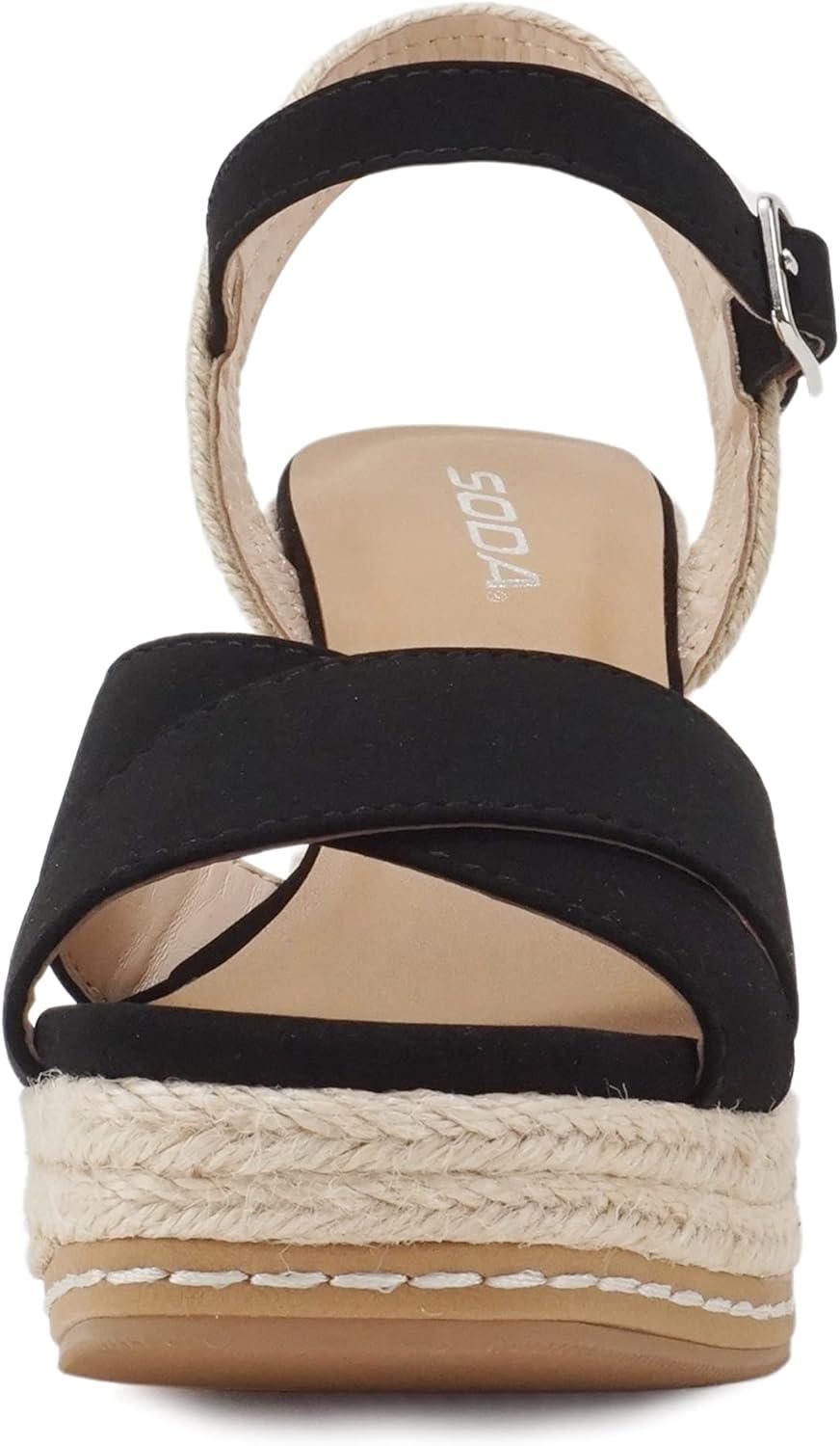 imageSoda MELANY  Women Open Toe Crisscross Two Bands Upper Ankle Strap High Heel Espadrille Wedge SandalBlack Nubuck