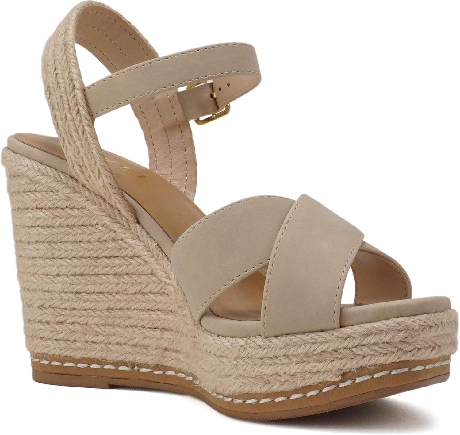 imageSoda MELANY  Women Open Toe Crisscross Two Bands Upper Ankle Strap High Heel Espadrille Wedge SandalBlond Nubuck
