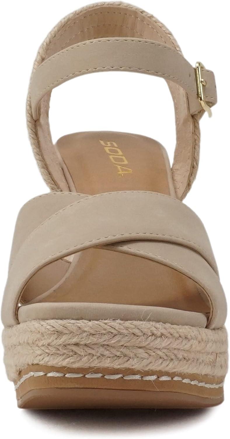 imageSoda MELANY  Women Open Toe Crisscross Two Bands Upper Ankle Strap High Heel Espadrille Wedge SandalBlond Nubuck