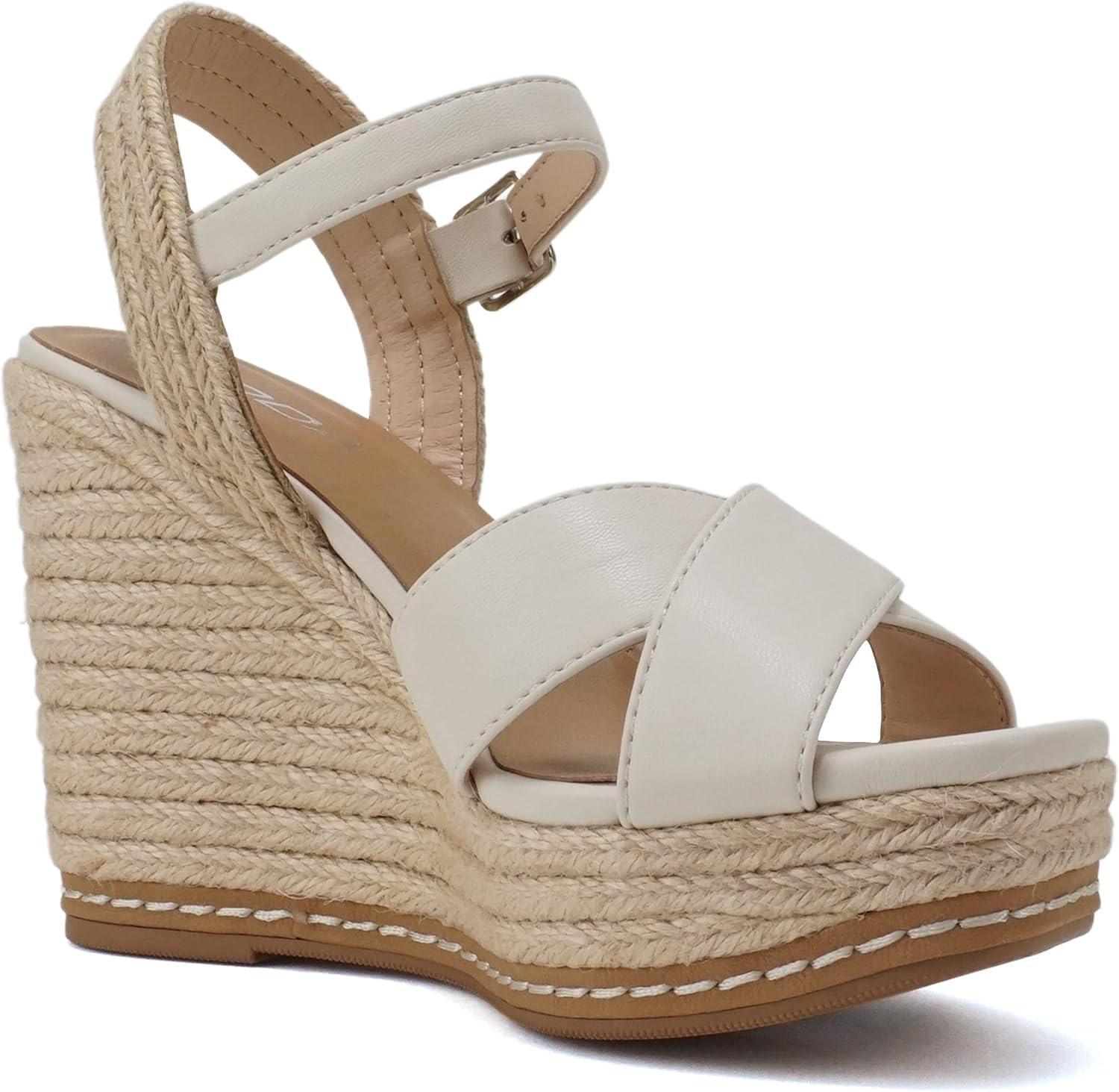 imageSoda MELANY  Women Open Toe Crisscross Two Bands Upper Ankle Strap High Heel Espadrille Wedge SandalBone Pu