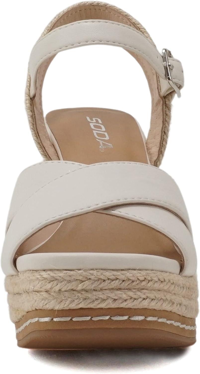 imageSoda MELANY  Women Open Toe Crisscross Two Bands Upper Ankle Strap High Heel Espadrille Wedge SandalBone Pu
