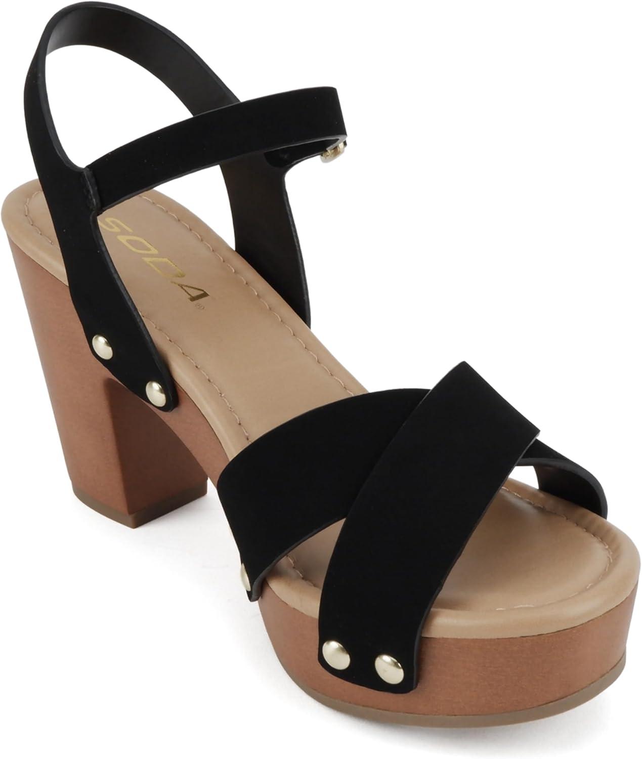 imageSoda MIGUEL  Women Crisscross Band Fashion Chunky Platform Block Mid Heel Sandal with Ankle Strap and StudBlack Nubuck