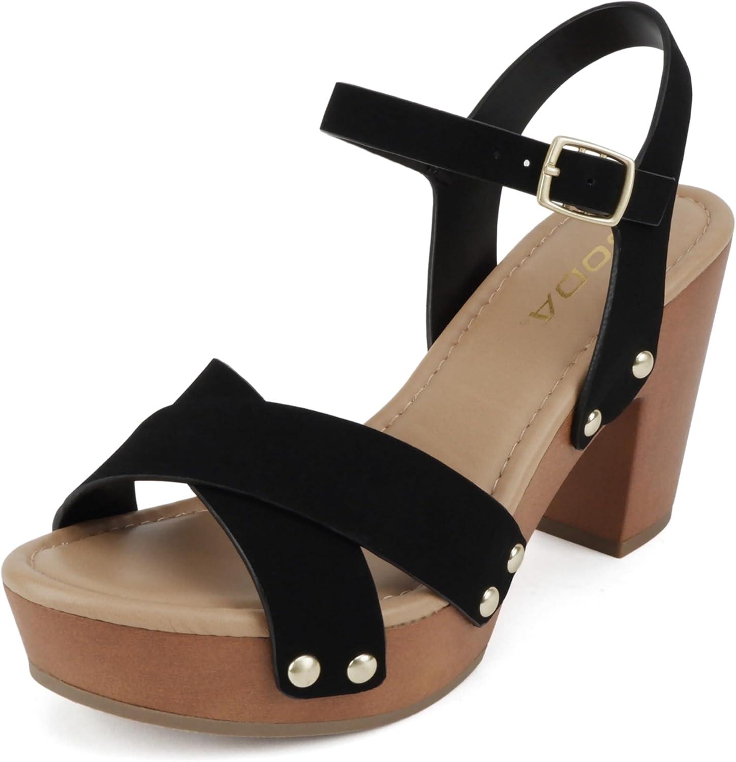imageSoda MIGUEL  Women Crisscross Band Fashion Chunky Platform Block Mid Heel Sandal with Ankle Strap and StudBlack Nubuck