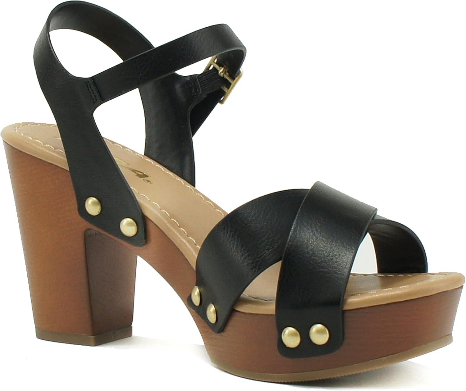 imageSoda MIGUEL  Women Crisscross Band Fashion Chunky Platform Block Mid Heel Sandal with Ankle Strap and StudBlack Pu