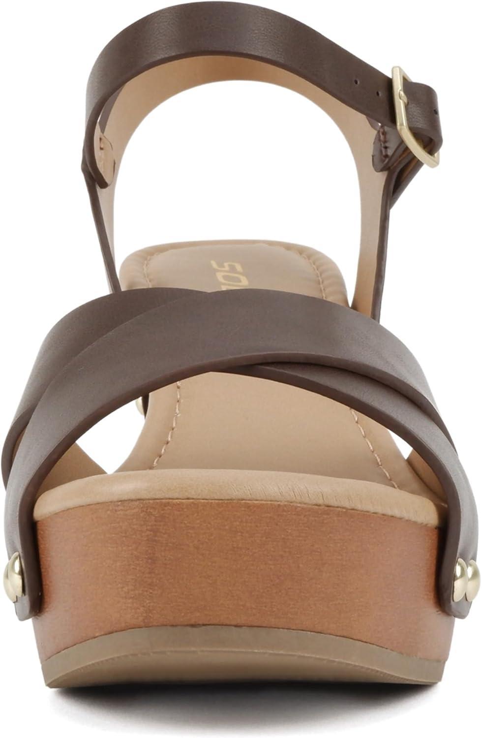 imageSoda MIGUEL  Women Crisscross Band Fashion Chunky Platform Block Mid Heel Sandal with Ankle Strap and StudBrown Pu