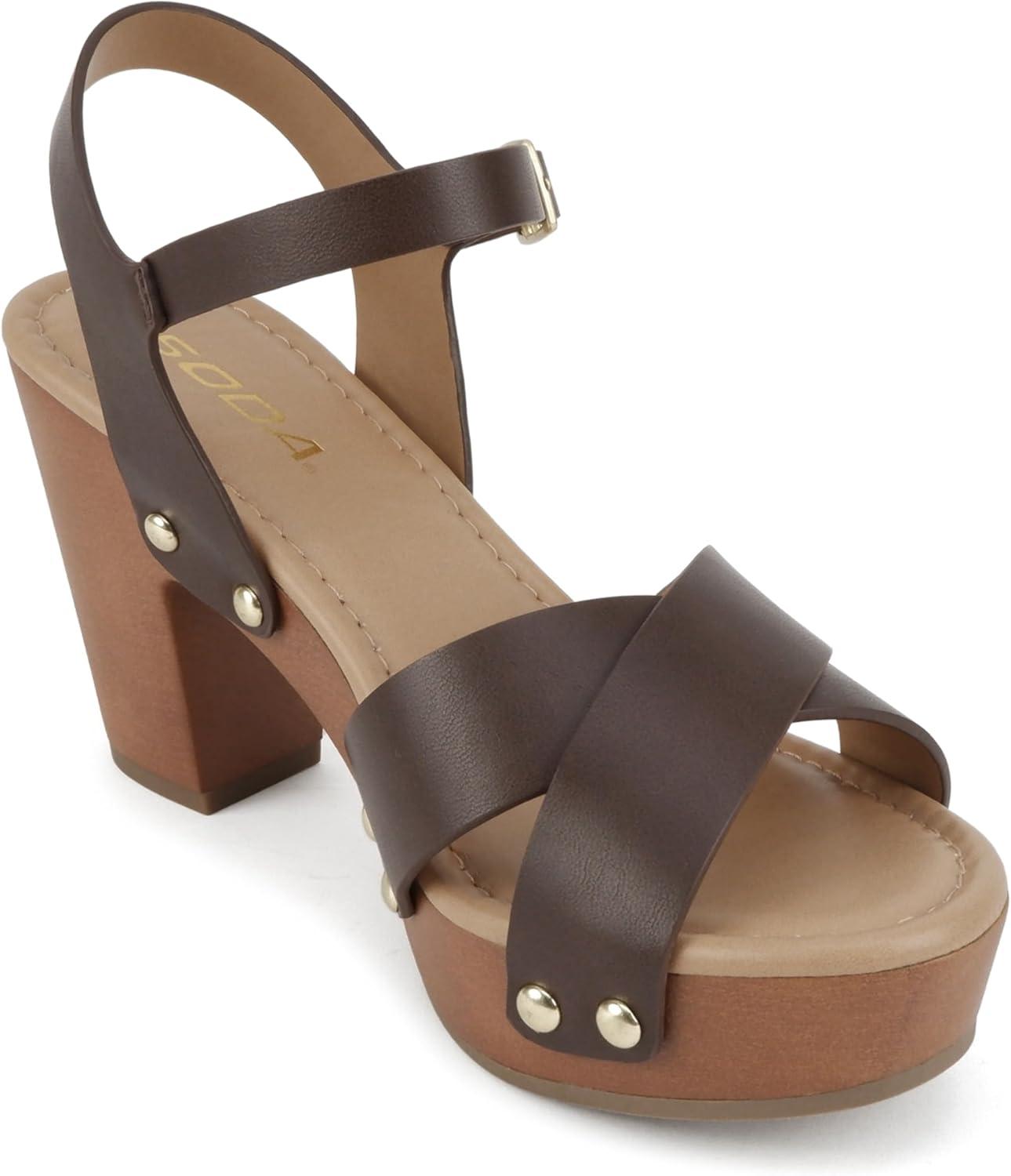 imageSoda MIGUEL  Women Crisscross Band Fashion Chunky Platform Block Mid Heel Sandal with Ankle Strap and StudBrown Pu