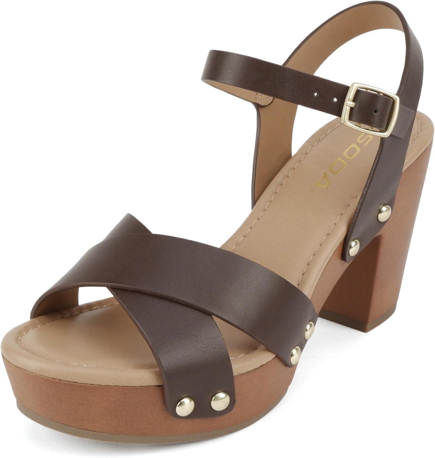 imageSoda MIGUEL  Women Crisscross Band Fashion Chunky Platform Block Mid Heel Sandal with Ankle Strap and StudBrown Pu