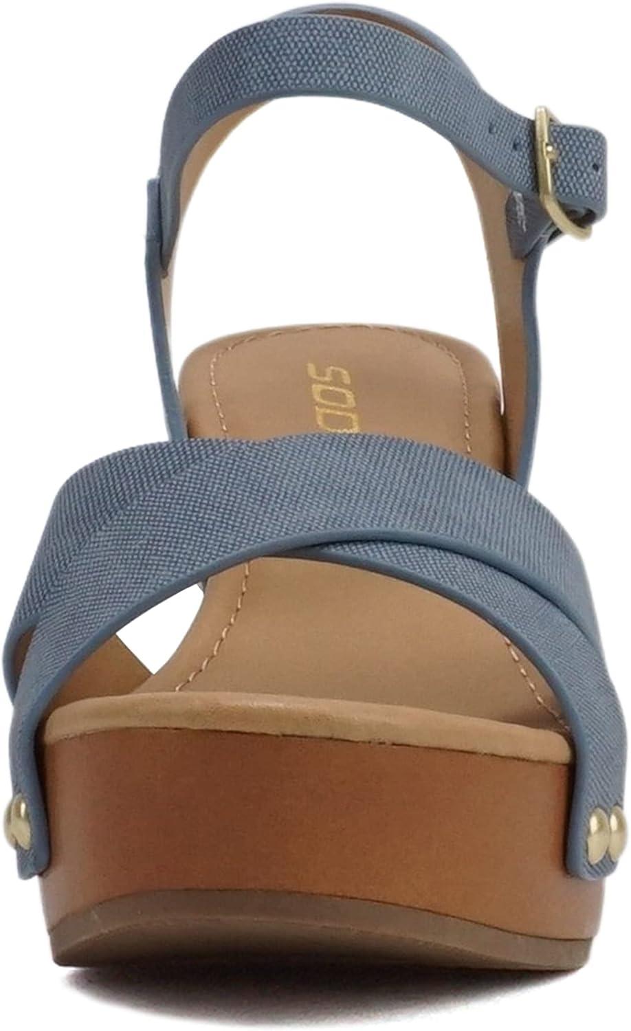 imageSoda MIGUEL  Women Crisscross Band Fashion Chunky Platform Block Mid Heel Sandal with Ankle Strap and StudDenim Blue Nubuck