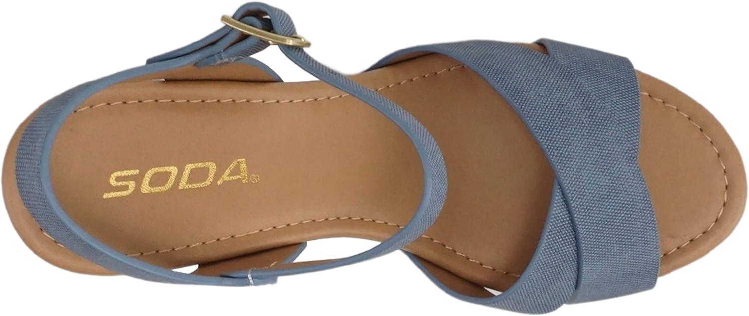 imageSoda MIGUEL  Women Crisscross Band Fashion Chunky Platform Block Mid Heel Sandal with Ankle Strap and StudDenim Blue Nubuck