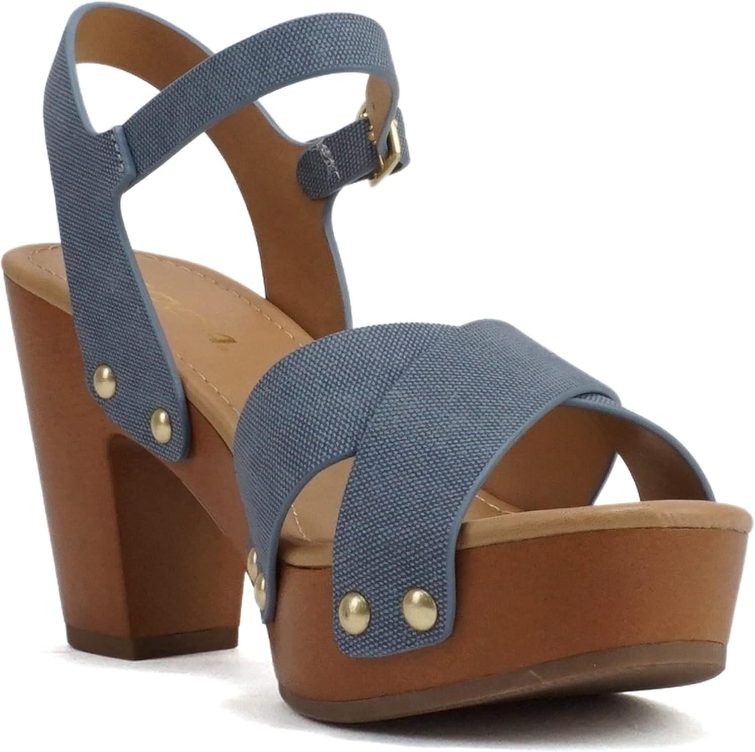 imageSoda MIGUEL  Women Crisscross Band Fashion Chunky Platform Block Mid Heel Sandal with Ankle Strap and StudDenim Blue Nubuck