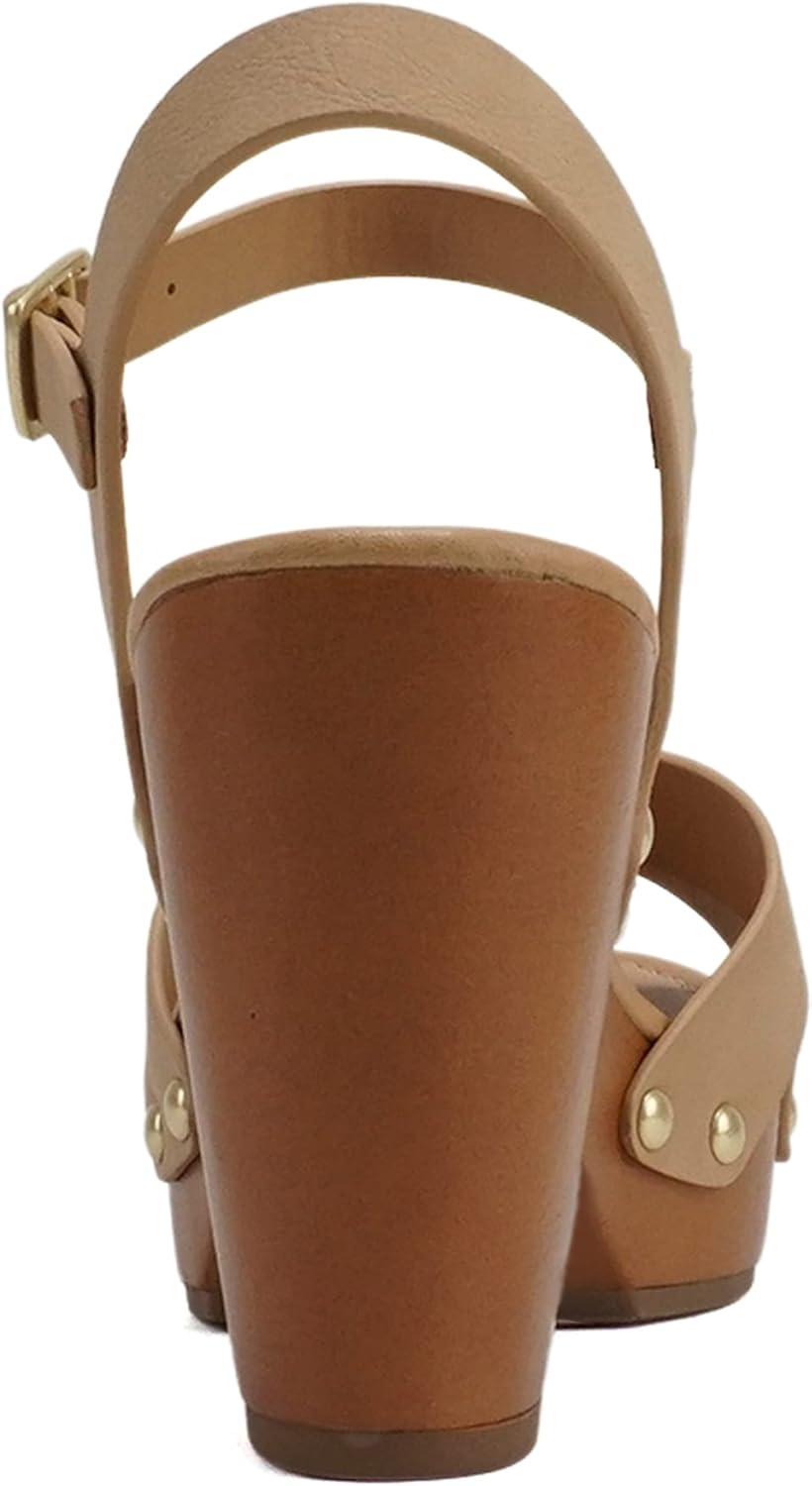 imageSoda MIGUEL  Women Crisscross Band Fashion Chunky Platform Block Mid Heel Sandal with Ankle Strap and StudNatural Nubuck