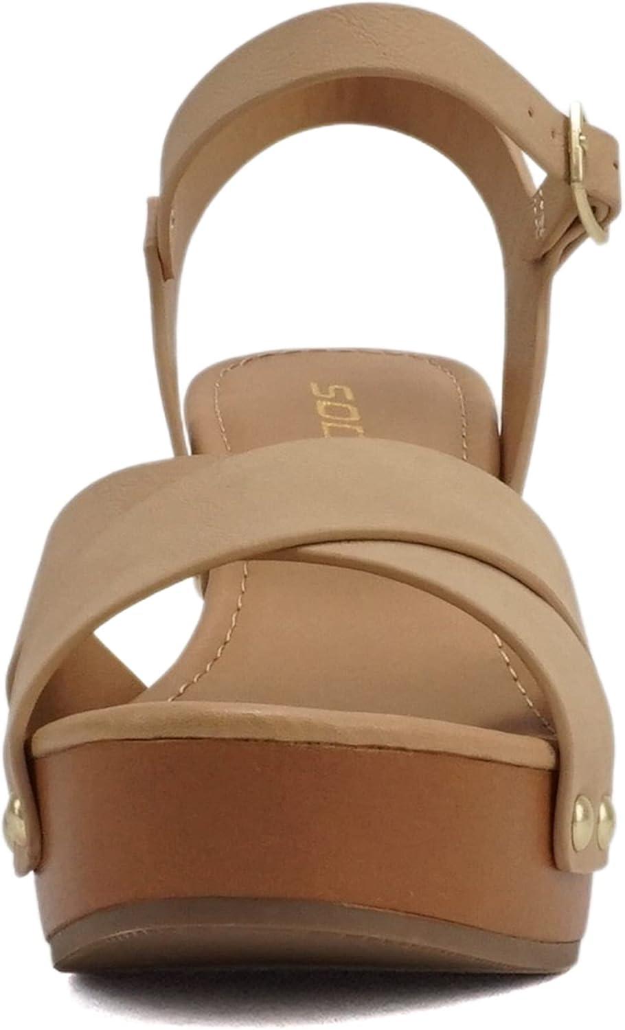 imageSoda MIGUEL  Women Crisscross Band Fashion Chunky Platform Block Mid Heel Sandal with Ankle Strap and StudNatural Nubuck