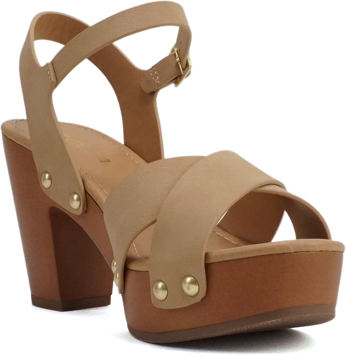 imageSoda MIGUEL  Women Crisscross Band Fashion Chunky Platform Block Mid Heel Sandal with Ankle Strap and StudNatural Nubuck
