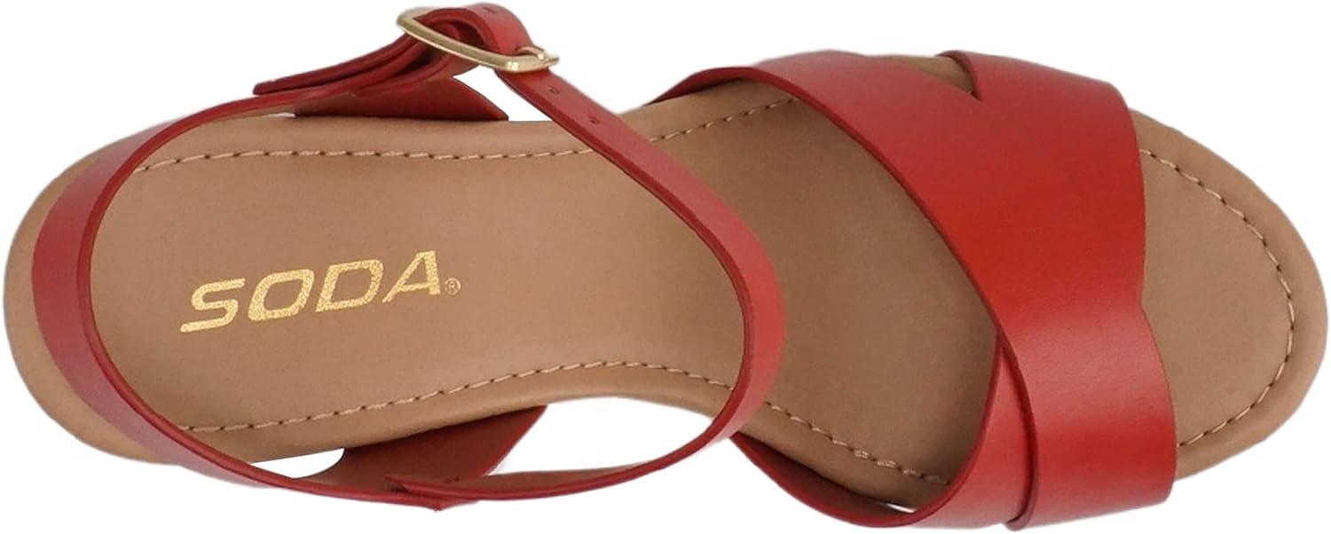 imageSoda MIGUEL  Women Crisscross Band Fashion Chunky Platform Block Mid Heel Sandal with Ankle Strap and StudRed Pu