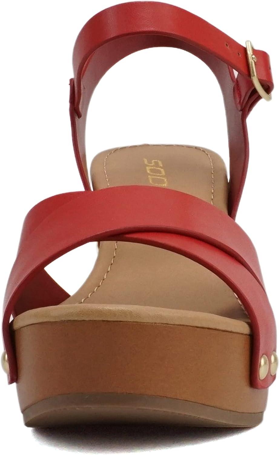 imageSoda MIGUEL  Women Crisscross Band Fashion Chunky Platform Block Mid Heel Sandal with Ankle Strap and StudRed Pu