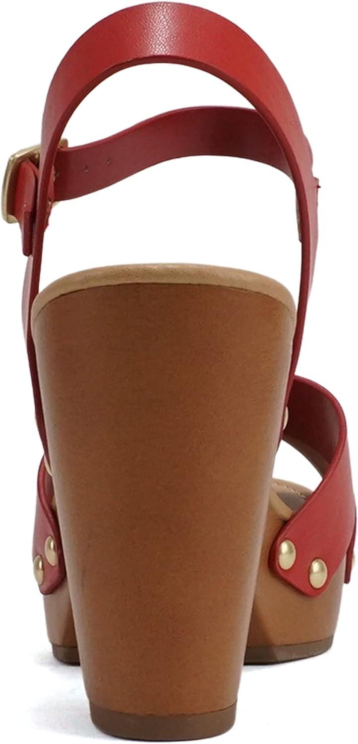 imageSoda MIGUEL  Women Crisscross Band Fashion Chunky Platform Block Mid Heel Sandal with Ankle Strap and StudRed Pu