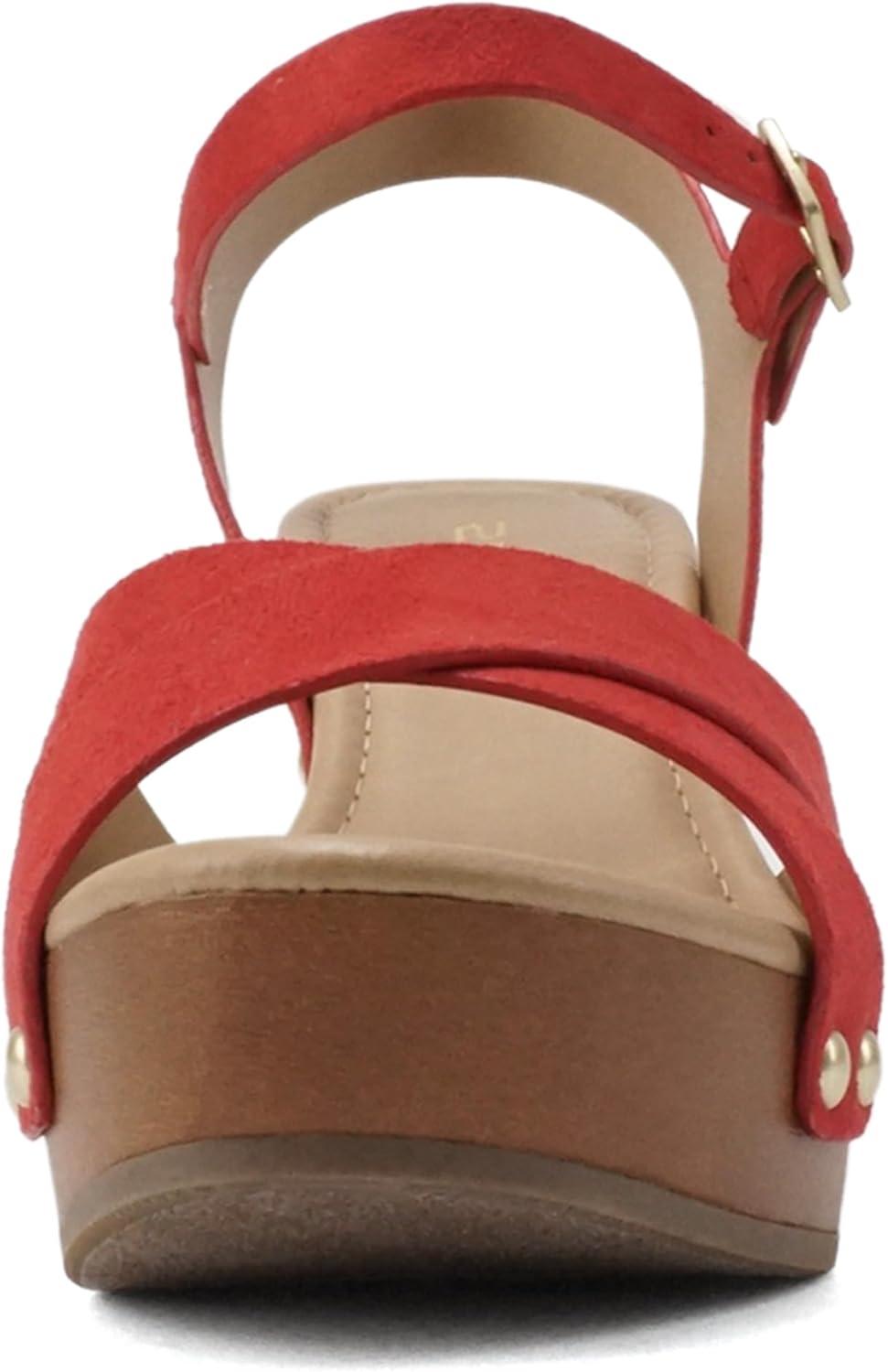 imageSoda MIGUEL  Women Crisscross Band Fashion Chunky Platform Block Mid Heel Sandal with Ankle Strap and StudRed Suede