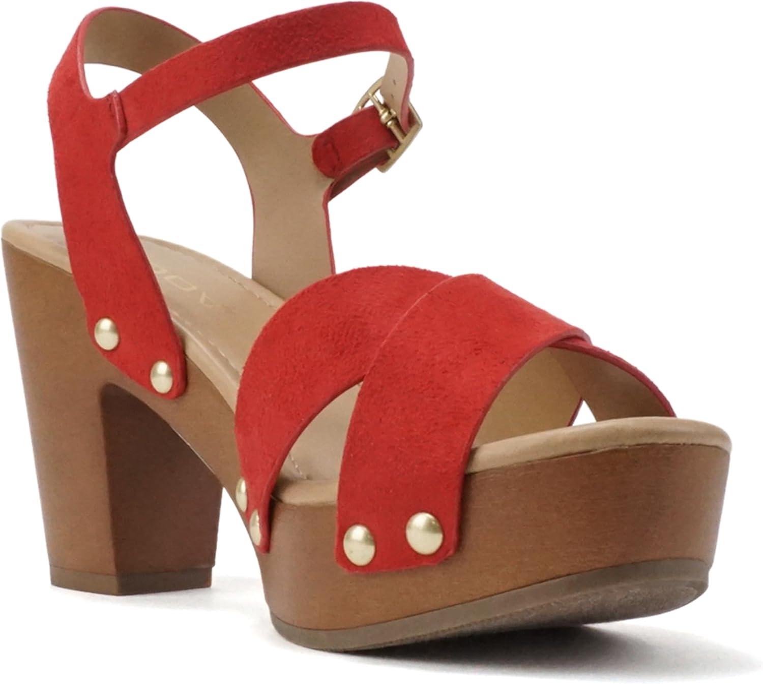 imageSoda MIGUEL  Women Crisscross Band Fashion Chunky Platform Block Mid Heel Sandal with Ankle Strap and StudRed Suede
