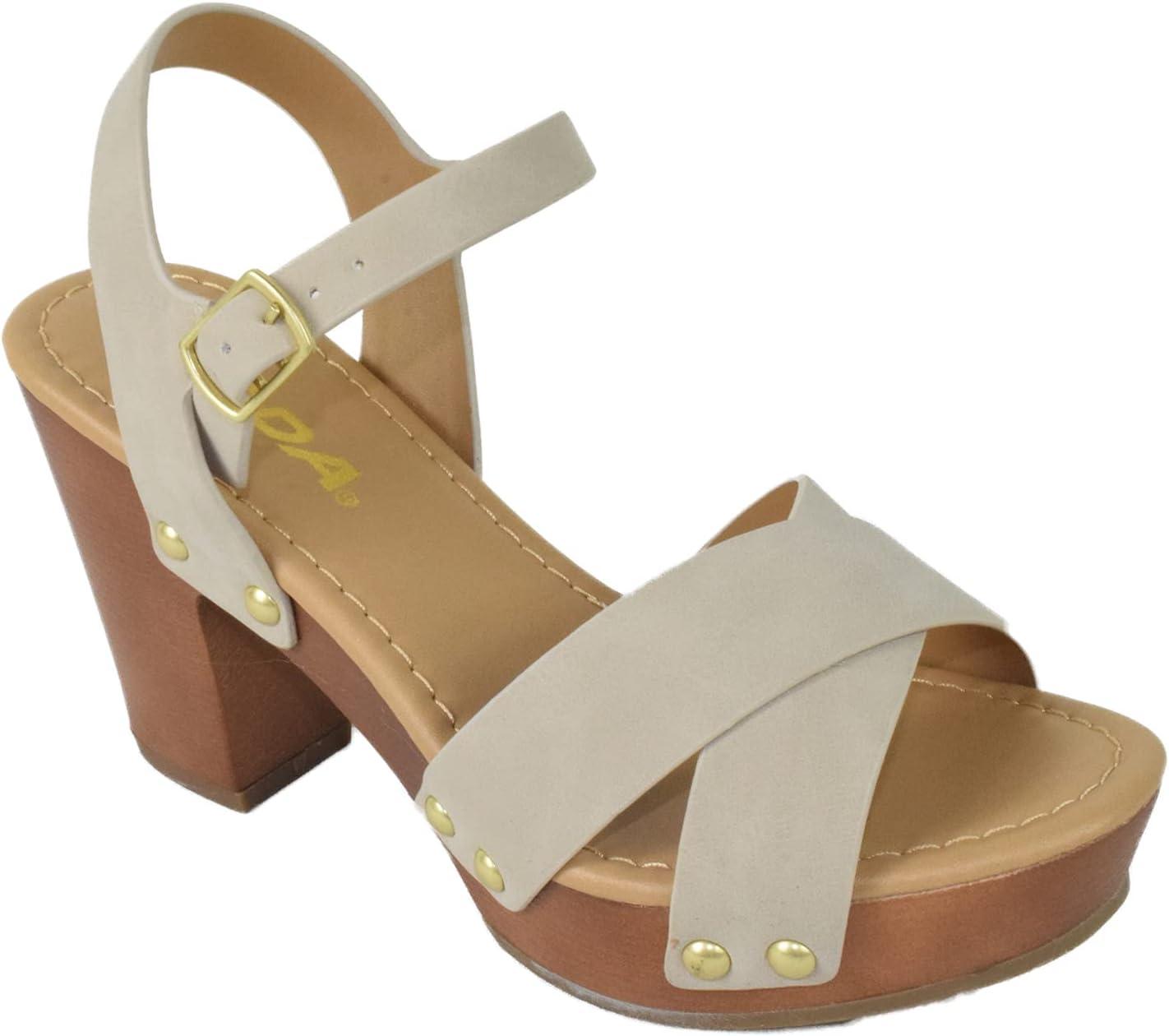 imageSoda MIGUEL  Women Crisscross Band Fashion Chunky Platform Block Mid Heel Sandal with Ankle Strap and StudSand Nbpu