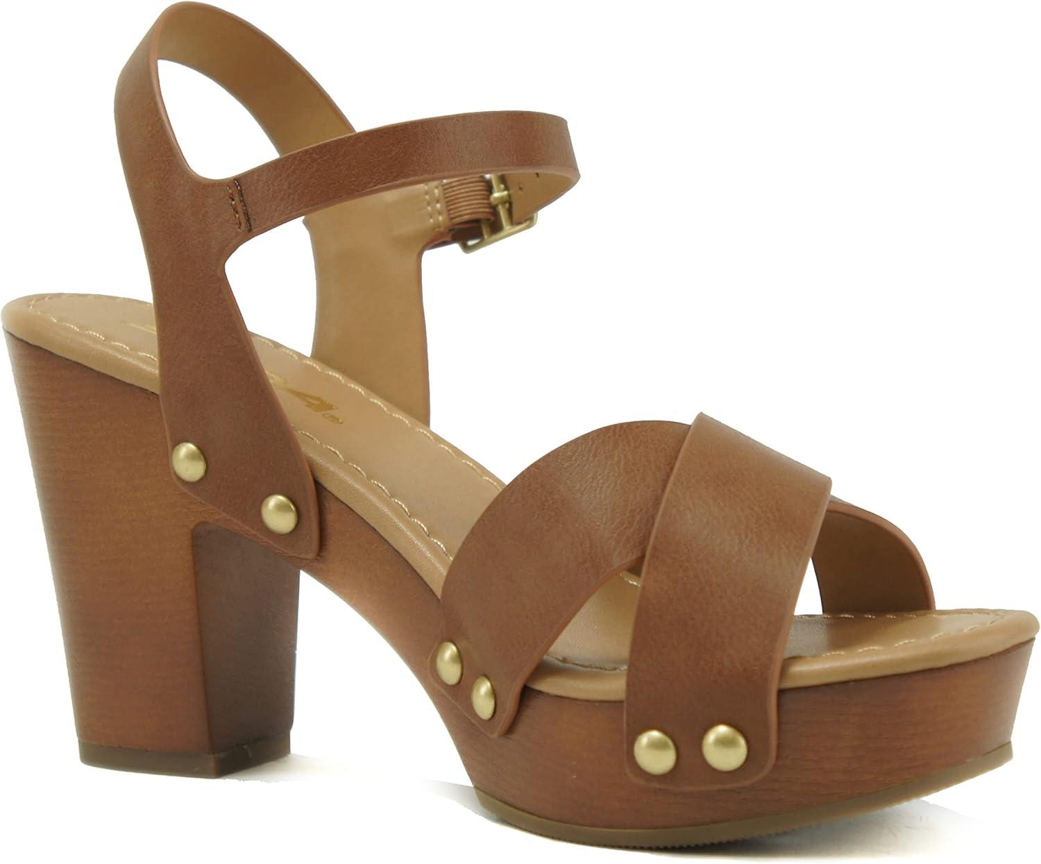 imageSoda MIGUEL  Women Crisscross Band Fashion Chunky Platform Block Mid Heel Sandal with Ankle Strap and StudTan Pu