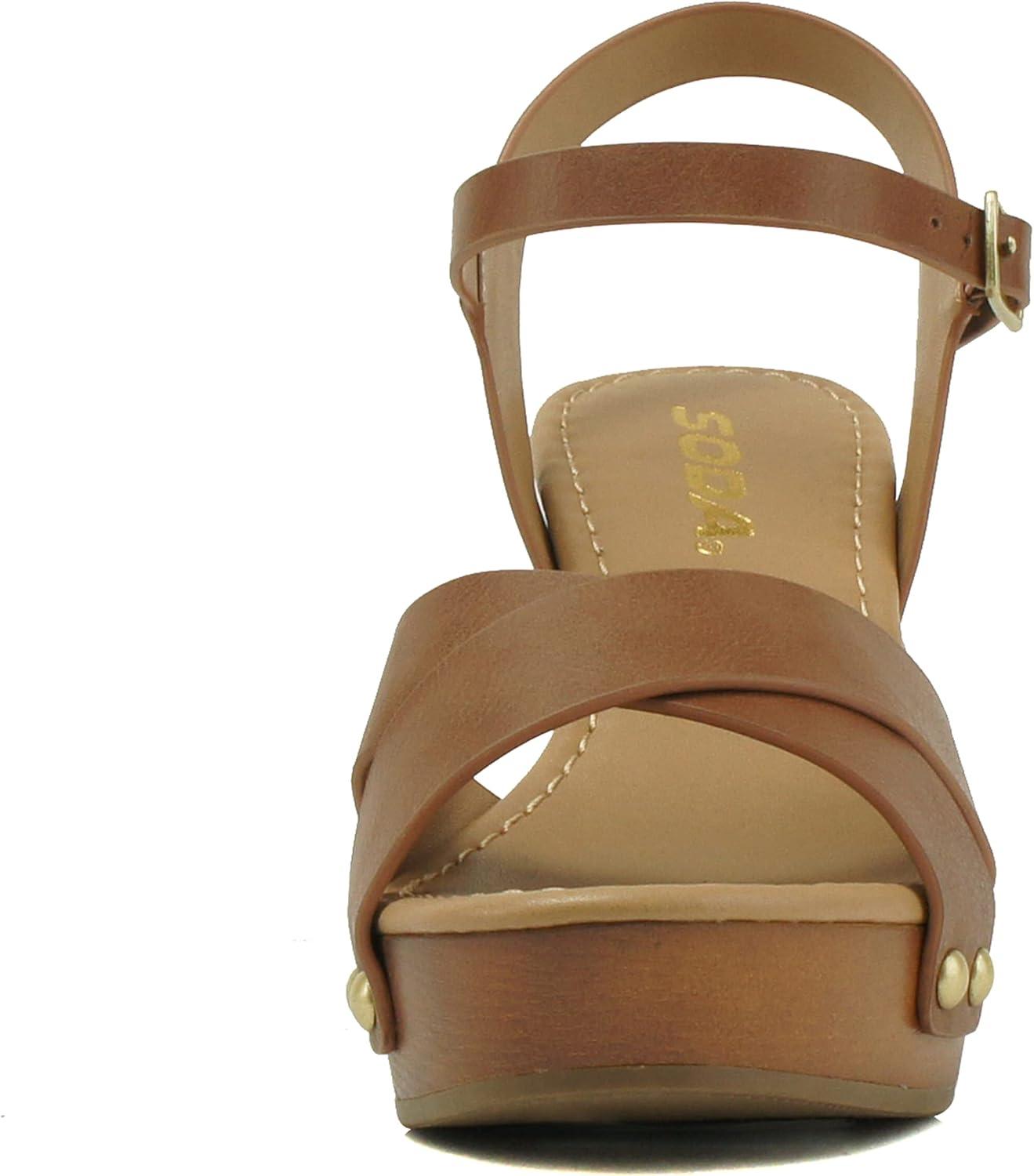 imageSoda MIGUEL  Women Crisscross Band Fashion Chunky Platform Block Mid Heel Sandal with Ankle Strap and StudTan Pu
