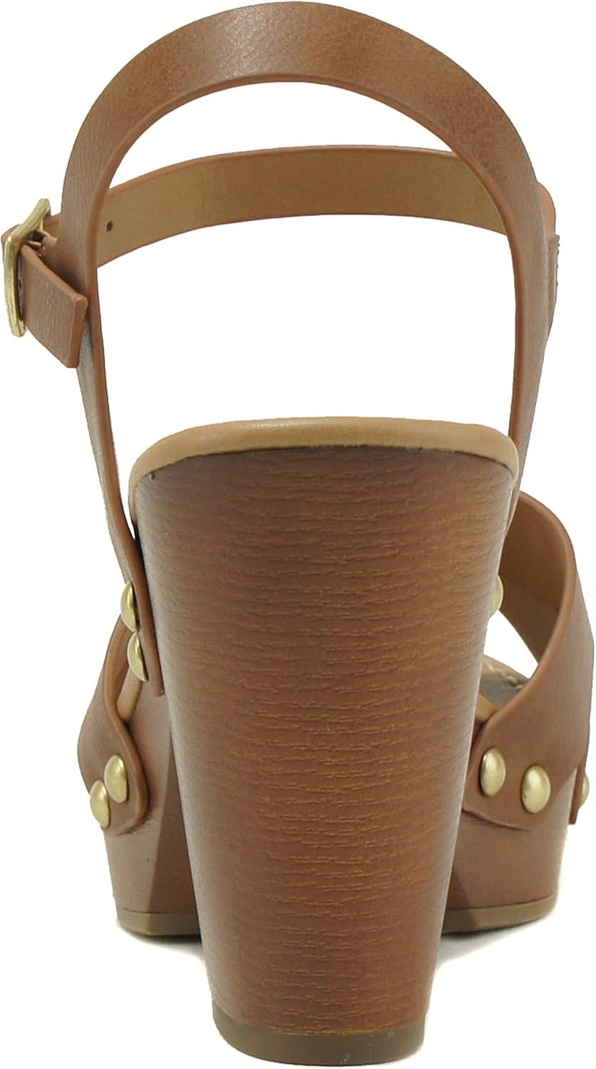 imageSoda MIGUEL  Women Crisscross Band Fashion Chunky Platform Block Mid Heel Sandal with Ankle Strap and StudTan Pu