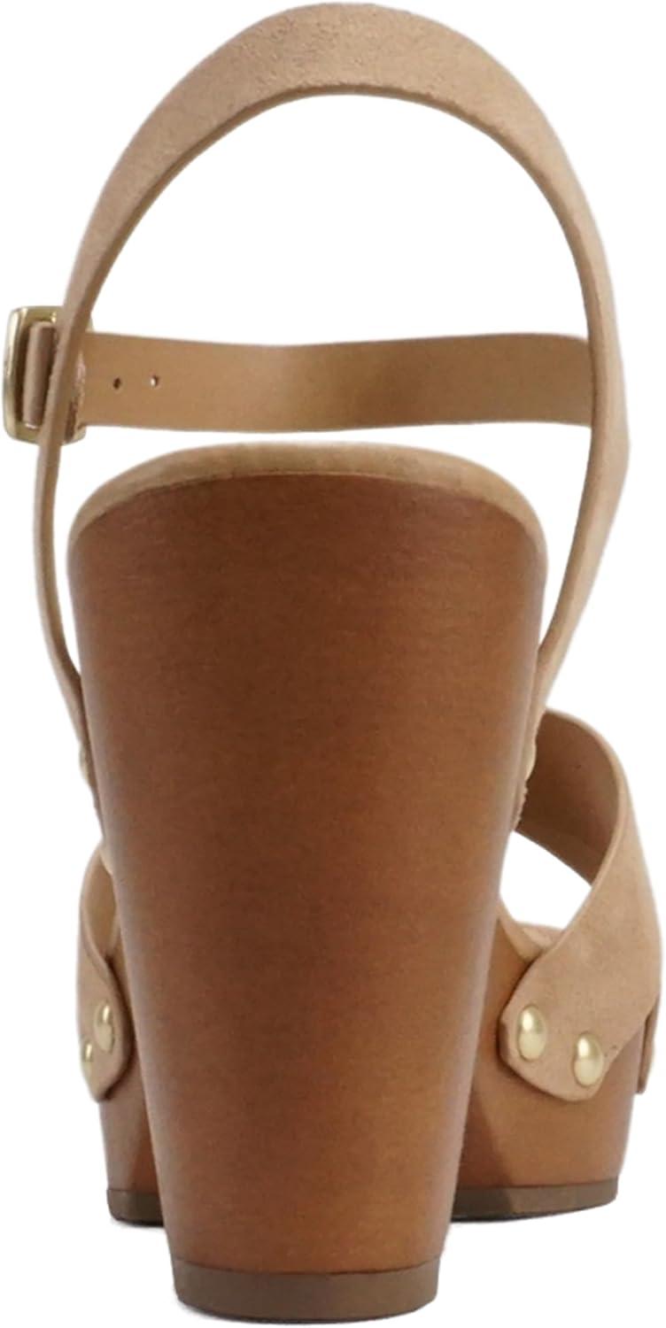imageSoda MIGUEL  Women Crisscross Band Fashion Chunky Platform Block Mid Heel Sandal with Ankle Strap and StudWheat Suede