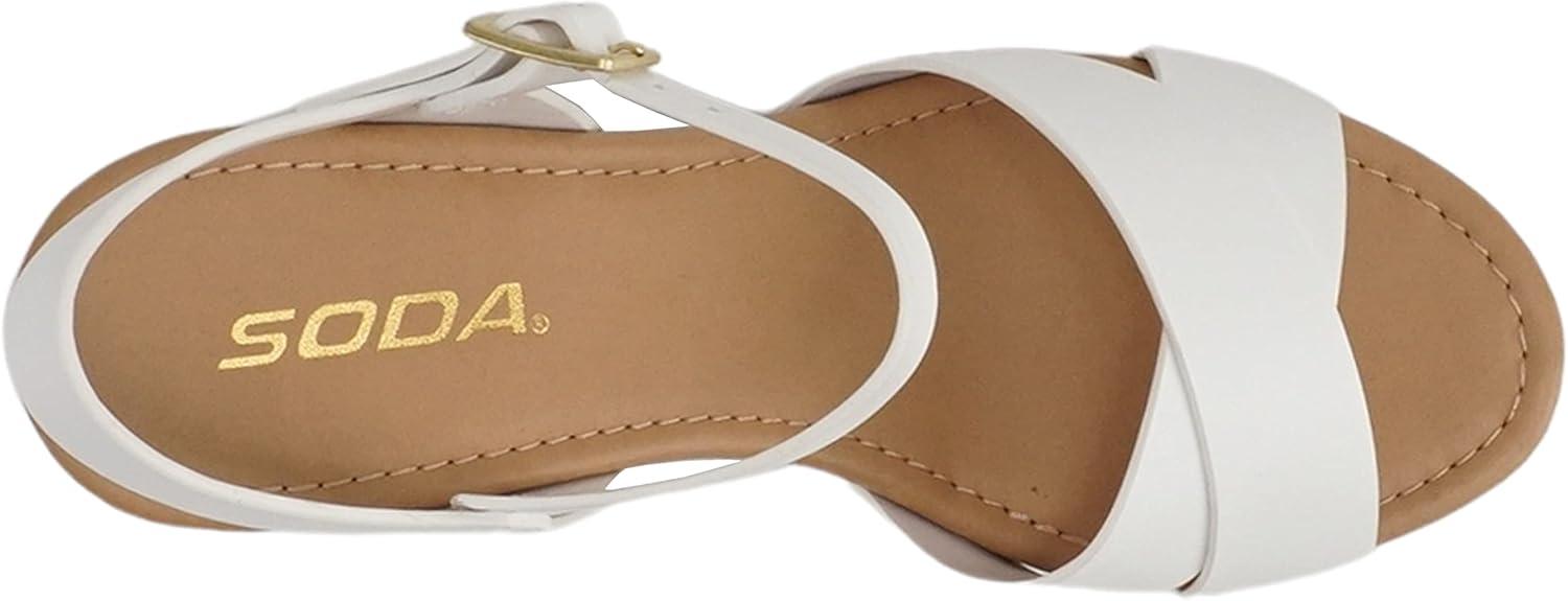 imageSoda MIGUEL  Women Crisscross Band Fashion Chunky Platform Block Mid Heel Sandal with Ankle Strap and StudWhite Pu